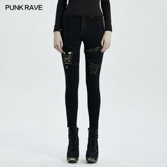WK-468NCF Punk knee deconstructed hollow denim trousers?-??Punk Rave Clothing