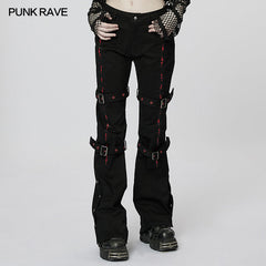 WK-543XCF Dark Embroidered Flared Pants?-??Punk Rave Clothing