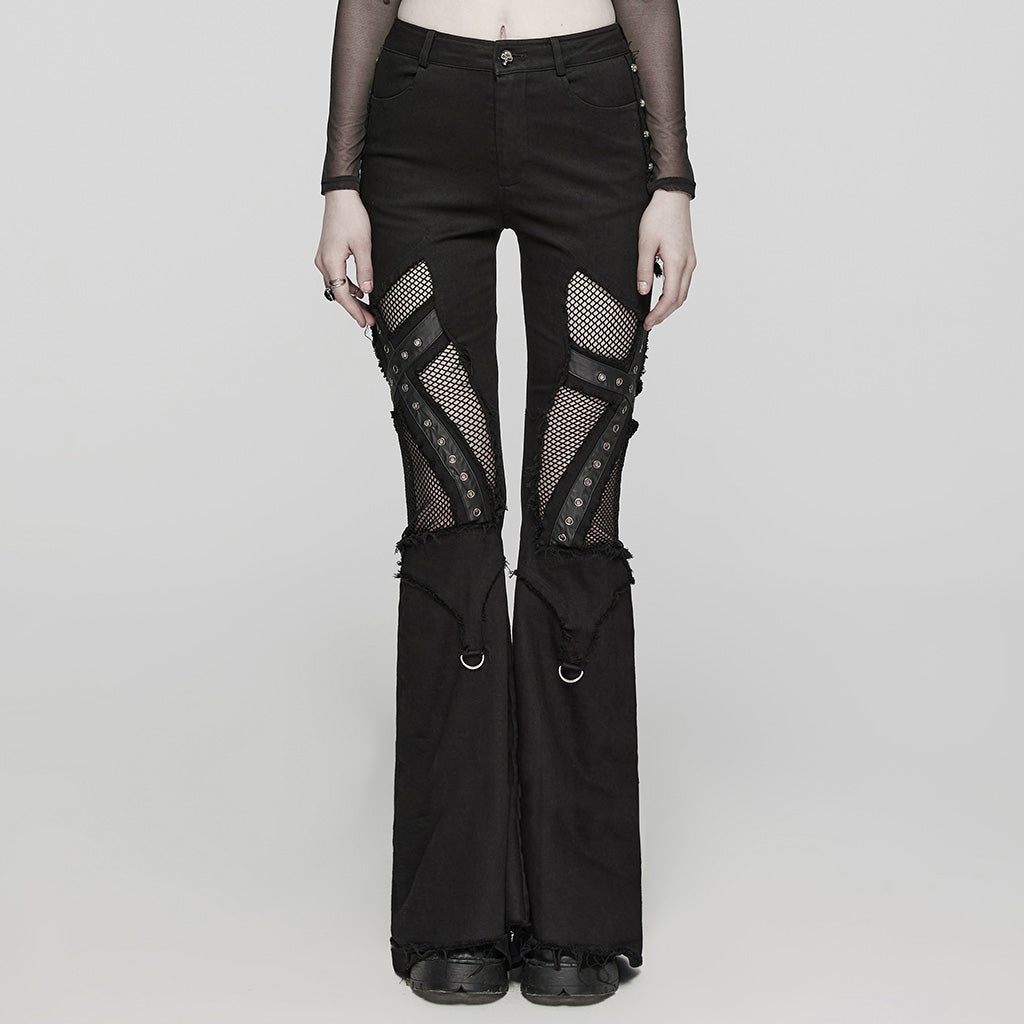 WK-568NCF Gothic Mesh Strap Accent Flared Punk Pants?-??Punk Rave Clothing