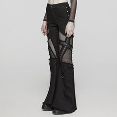 WK-568NCF Gothic Mesh Strap Accent Flared Punk Pants?-??Punk Rave Clothing