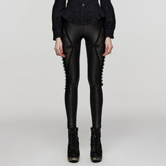 WK-574DDF Gothic Pants Mesh Panel Lace-Up Faux Leather Leggings