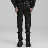 WK-583PCM Edgy black PU Pants with Side Buttoned Accents?-??Punk Rave Clothing