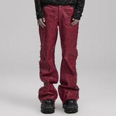 WK-585PCM Red Punk Textured Pleated Leather Pants with Spiked Sides?-??Punk Rave Clothing