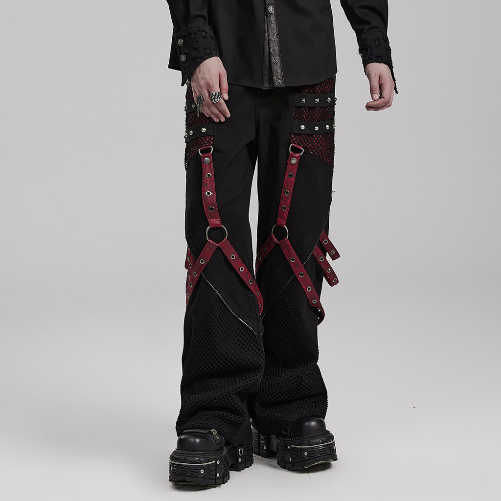 WK-602XCM Gothic Punk Pants with Red Strap Rivet Detailing?-??Punk Rave Clothing
