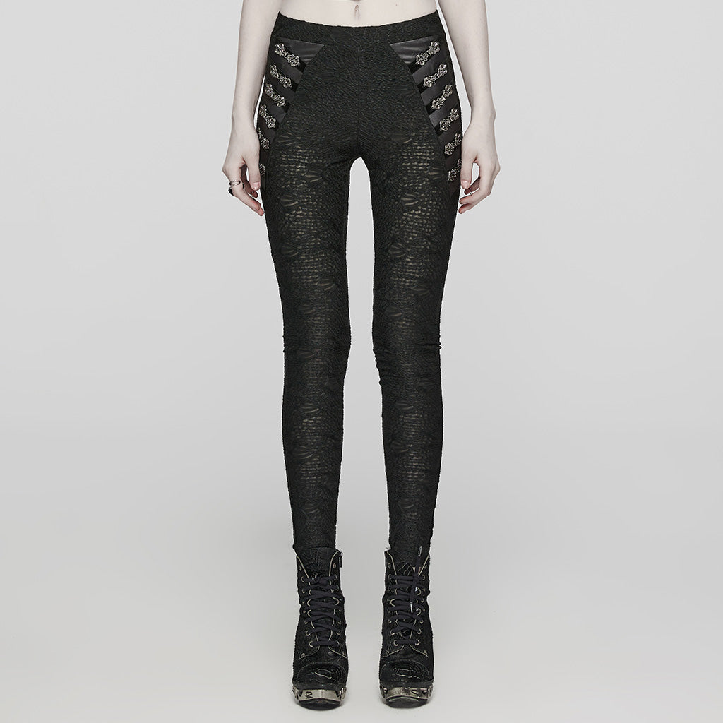 WK-605DDF Gothic Pants Lace Detail High-Waist Slim-Fit Textured Leggings?-??Punk Rave Clothing