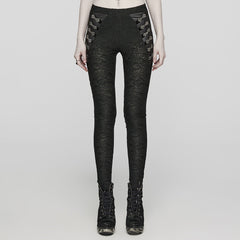 WK-605DDF Gothic Pants Lace Detail High-Waist Slim-Fit Textured Leggings?-??Punk Rave Clothing