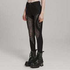 WK-606XCF Mesh Panel Punk Pants with Burnt Pattern Design?-??Punk Rave Clothing
