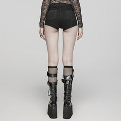 WK-612NDF Gothic Black Leather Accent Punk Pants Shorts Edgy Style