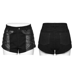 WK-612NDF Gothic Black Leather Accent Punk Pants Shorts Edgy Style