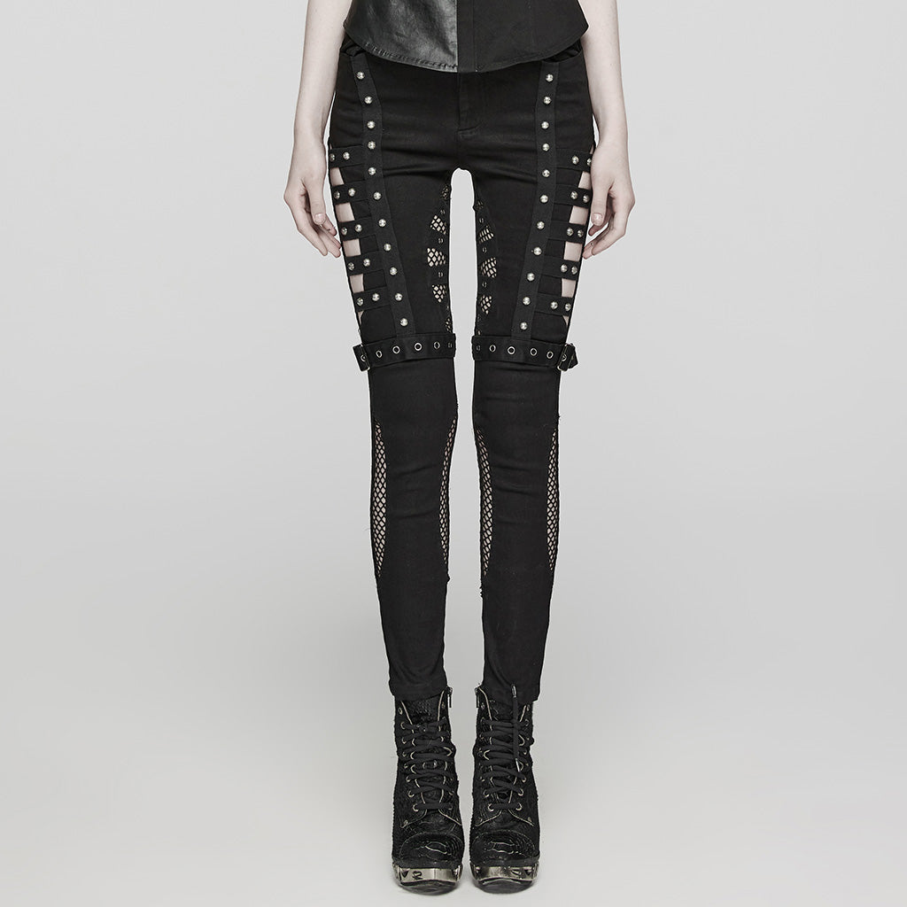 WK-615NCF Edgy Studded Leggings with Mesh Panels and Buckle Straps?-??Punk Rave Clothing