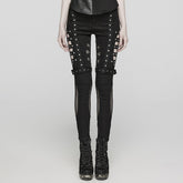 WK-615NCF Edgy Studded Leggings with Mesh Panels and Buckle Straps?-??Punk Rave Clothing