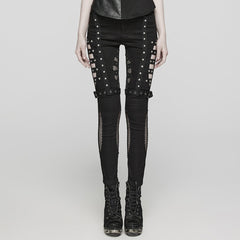 WK-615NCF Edgy Studded Leggings with Mesh Panels and Buckle Straps?-??Punk Rave Clothing