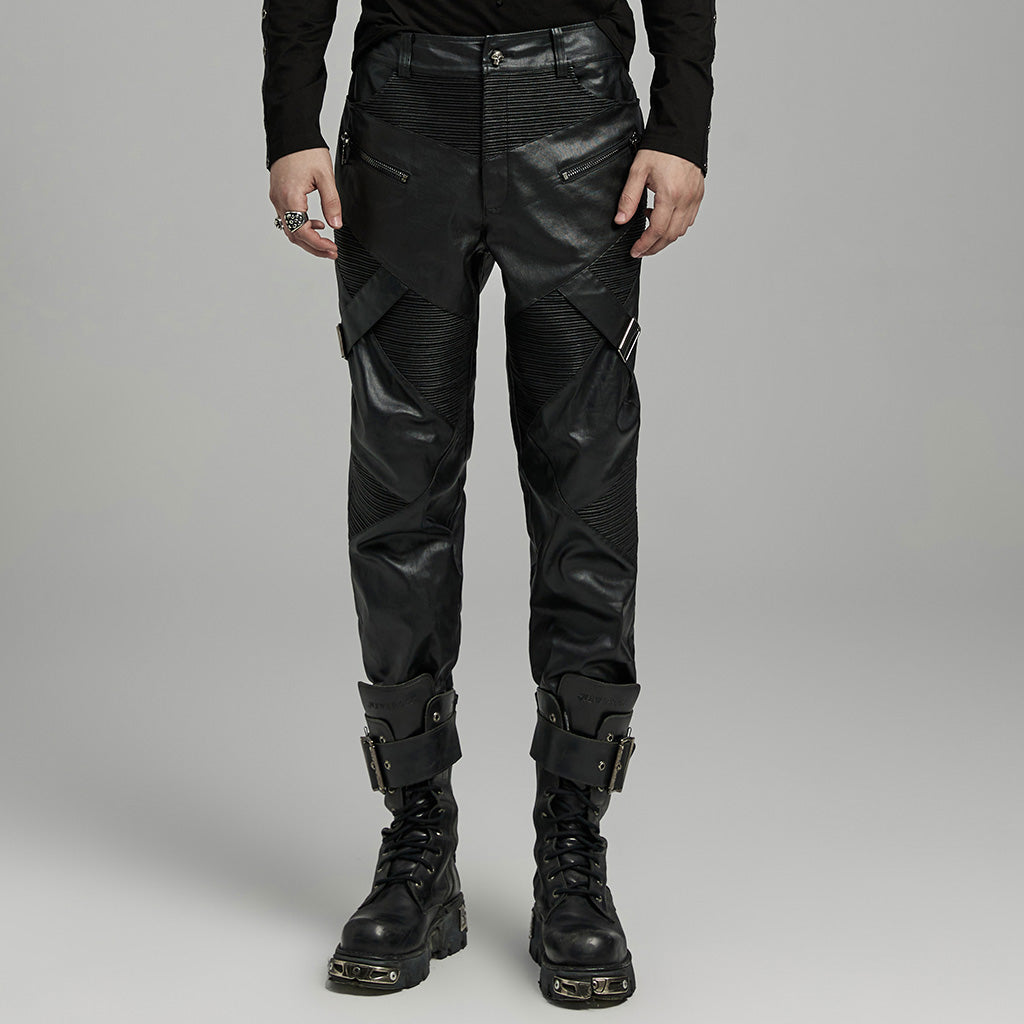 WK-624PCM Mens Slim Fit black Faux Leather Punk Pants?-??Punk Rave Clothing