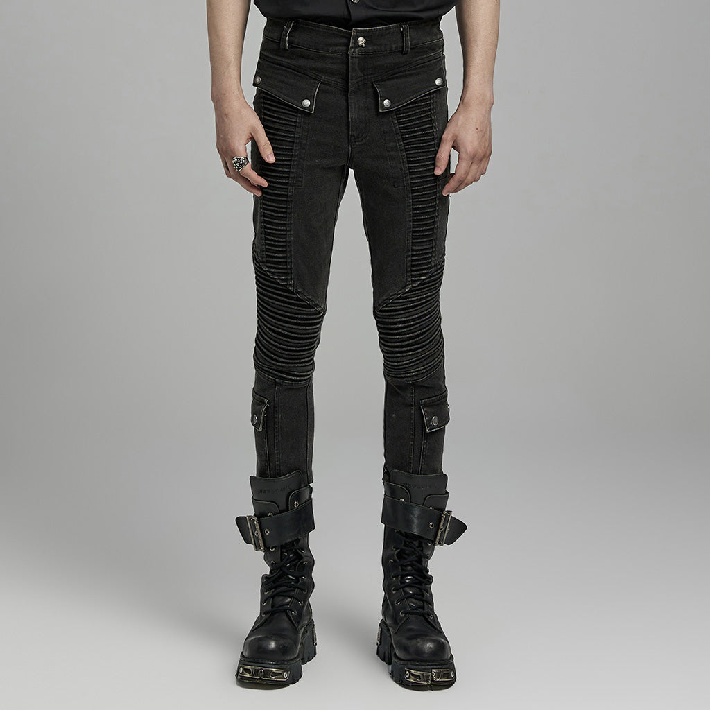 WK-627NCM Mens black Biker Punk Pants with Ribbed Detail and Pockets?-??Punk Rave Clothing