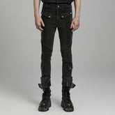 WK-627NCM Mens black Biker Punk Pants with Ribbed Detail and Pockets?-??Punk Rave Clothing