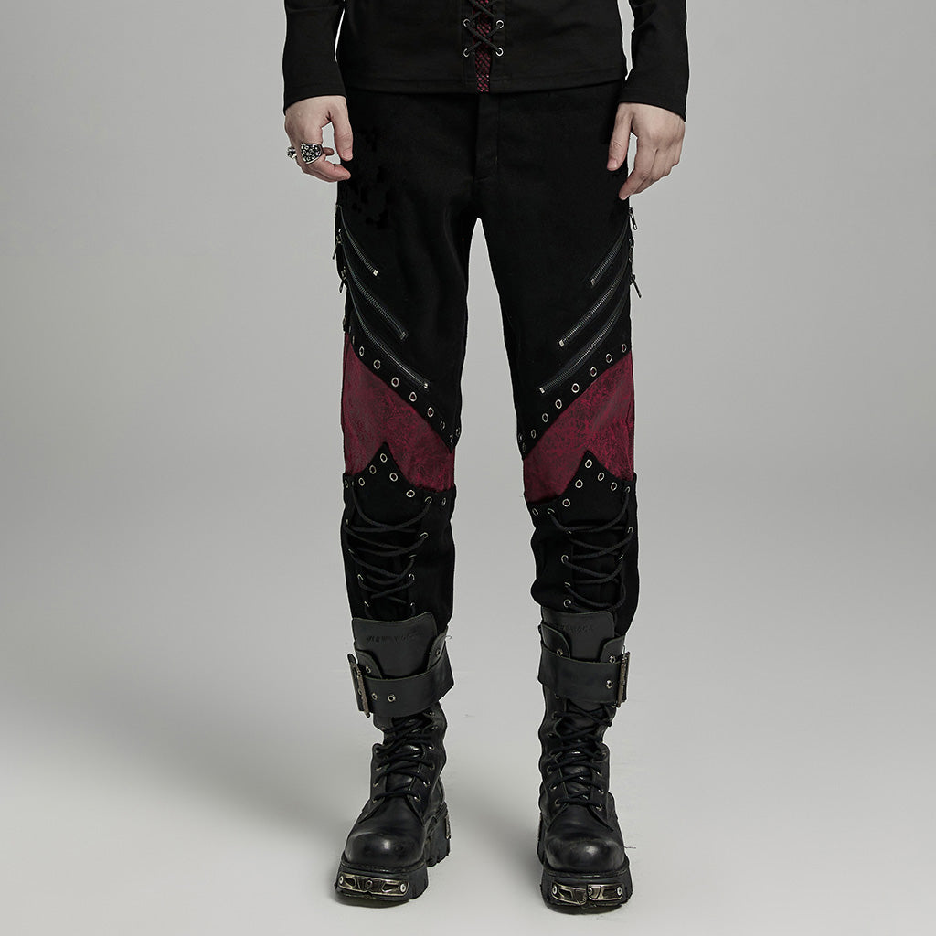 WK-630XCM Gothic black-Red Punk Pants with Lace-Up Rivet Details?-??Punk Rave Clothing