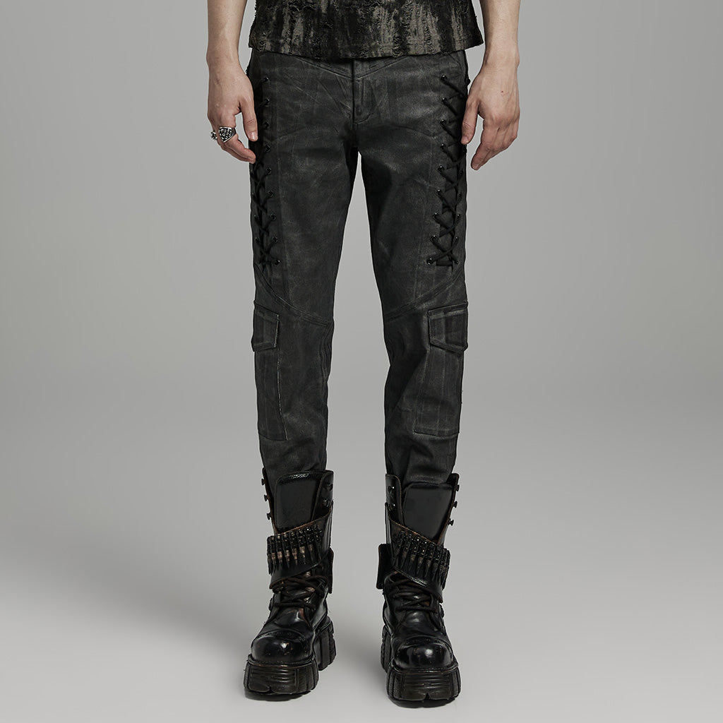 WK-631NCM Edgy black Gray Slim-Fit Punk Pants with Lace Details?-??Punk Rave Clothing