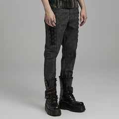 WK-631NCM Edgy black Gray Slim-Fit Punk Pants with Lace Details?-??Punk Rave Clothing