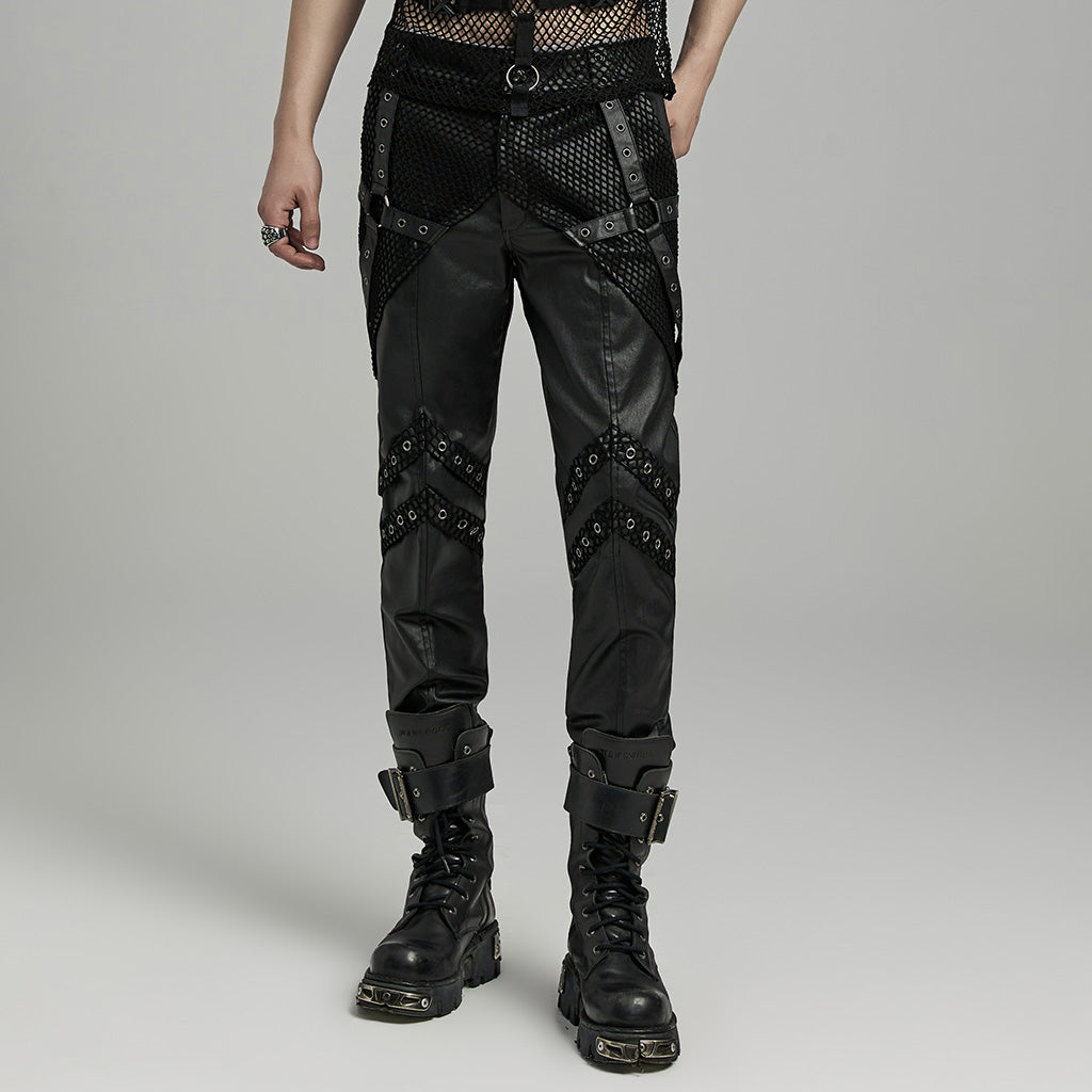 WK-633XCM Gothic Moto Punk Pants with Rivets and Mesh Accents?-??Punk Rave Clothing