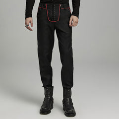 WK-644XCM Gothic black Slim-Fit Pants with Bold Red Stitching Accents?-??Punk Rave Clothing