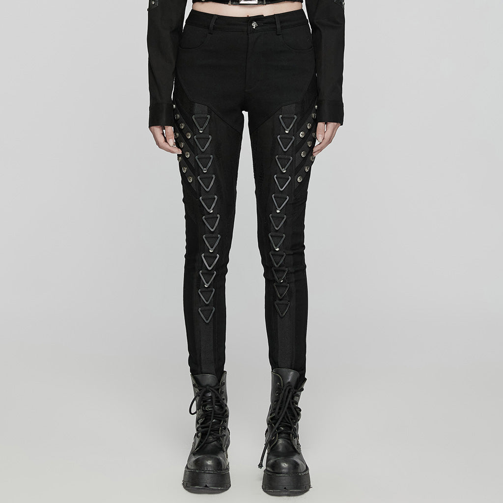 WK-648NCF Edgy Black Punk Pants with Striking Metal Rivet Details?-??Punk Rave Clothing