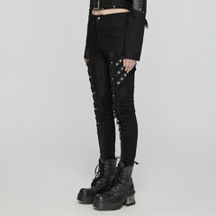 WK-648NCF Edgy Black Punk Pants with Striking Metal Rivet Details?-??Punk Rave Clothing