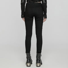 WK-648NCF Edgy Black Punk Pants with Striking Metal Rivet Details?-??Punk Rave Clothing