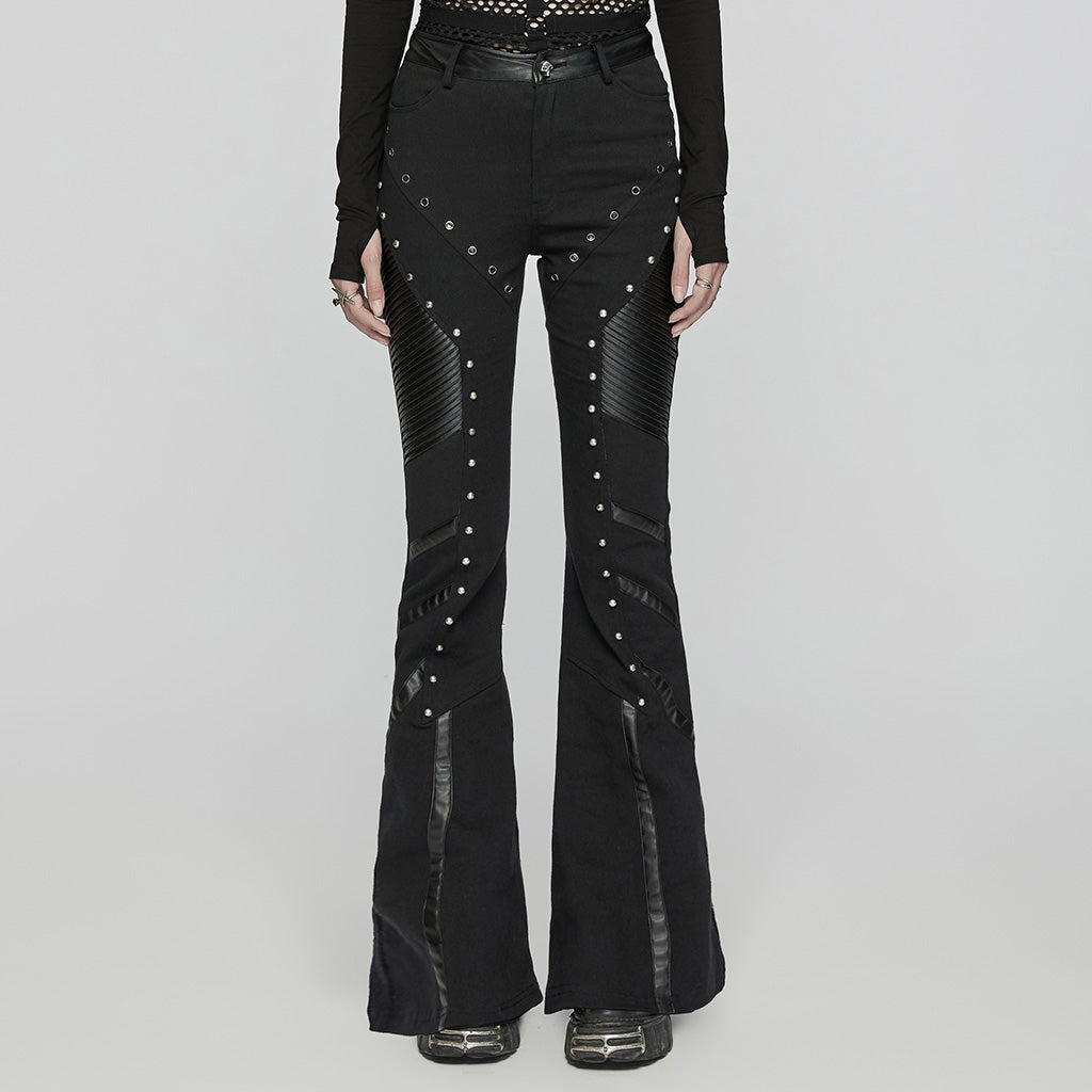 WK-650XCF Edgy Flare Punk Pants with Rivet Detailing and Leather Accents?-??Punk Rave Clothing