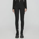 WK-654XCF Slim-Fit black Elastic Punk Pants with Buckle Details?-??Punk Rave Clothing