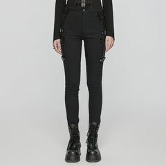 WK-654XCF Slim-Fit black Elastic Punk Pants with Buckle Details?-??Punk Rave Clothing