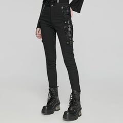 WK-654XCF Slim-Fit black Elastic Punk Pants with Buckle Details?-??Punk Rave Clothing