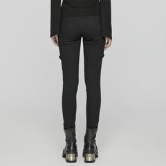 WK-654XCF Slim-Fit black Elastic Punk Pants with Buckle Details?-??Punk Rave Clothing