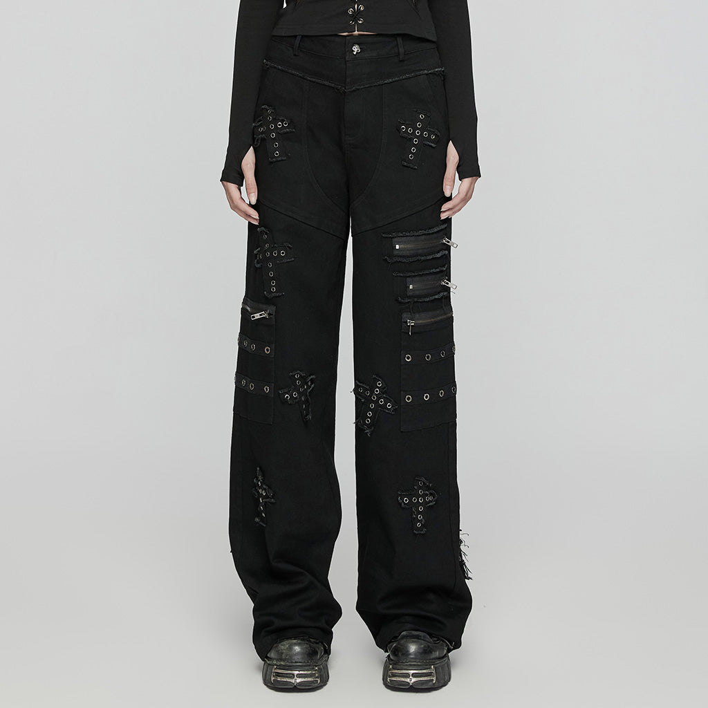 WK-658NCF Gothic Punk Pants Cross Patch Straight black Aesthetic Design?-??Punk Rave Clothing
