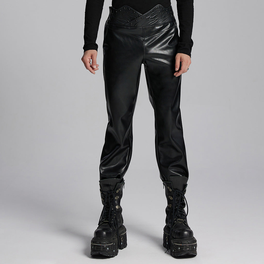 WK-667PCM Edgy Vegan Leather Punk Pants with High Waist Design?-??Punk Rave Clothing