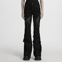 WK-679DQF Edgy Studded Flare Gothic Punk Pants with Lace Details