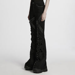 WK-679DQF Edgy Studded Flare Gothic Punk Pants with Lace Details