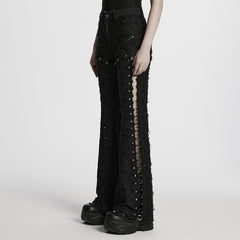 WK-680XCF Gothic Lace Up Flared Punk Pants Stud Accents