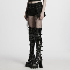 WK-705NDF Edgy Lace-Up Belted Punk Pants Shorts Gothic Style