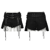 WK-705NDF Edgy Lace-Up Belted Punk Pants Shorts Gothic Style