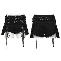 WK-705NDF Edgy Lace-Up Belted Punk Pants Shorts Gothic Style