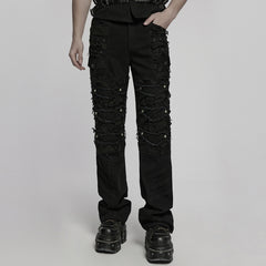 WK-707XCM Edgy Distressed Black Punk Pants with Strap Details