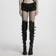 WK-709XDF Edgy Black Chain Punk Pants with Fishnet Details