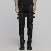 WK-714XCM Mens Black Buckle Strap Punk Pants with Studded Details