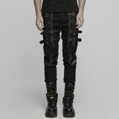 WK-714XCM Mens Black Buckle Strap Punk Pants with Studded Details