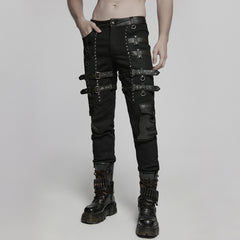 WK-714XCM Mens Black Buckle Strap Punk Pants with Studded Details