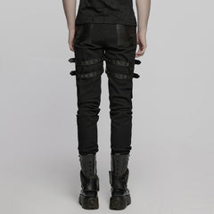 WK-714XCM Mens Black Buckle Strap Punk Pants with Studded Details
