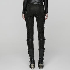 WK-738PCF Edgy Faux Leather Buckled Punk Pants with Stud Accents
