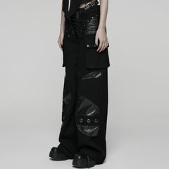WK-742XCF Gothic High-Waist Punk Pants with Faux Leather and Rivet Details