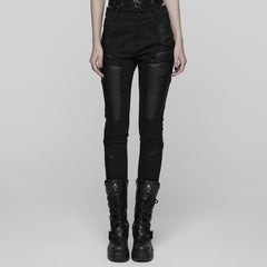 WK-744XCF Womens Black Slim Fit Rivet Punk Pants Motorcycle Style