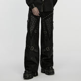 WK-751DQM Gothic Punk Pants Rivet Buckle Strap Detail Black Trousers